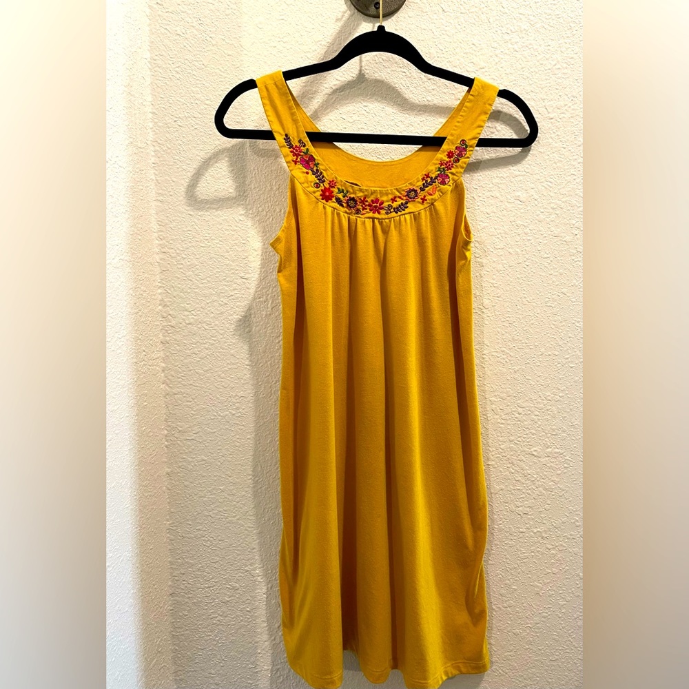 Xhilaration mustard colored cotton dress / embroidered flower detail around neck